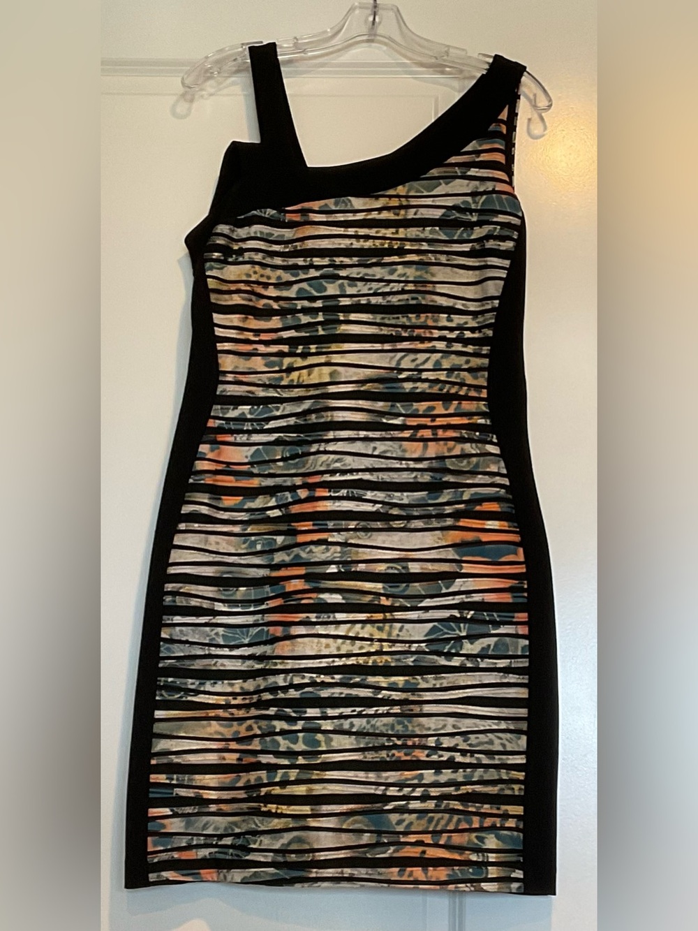 Bali One-Shoulder or Two-Should Black-Trim Multicolor Striped Animal Print Dress